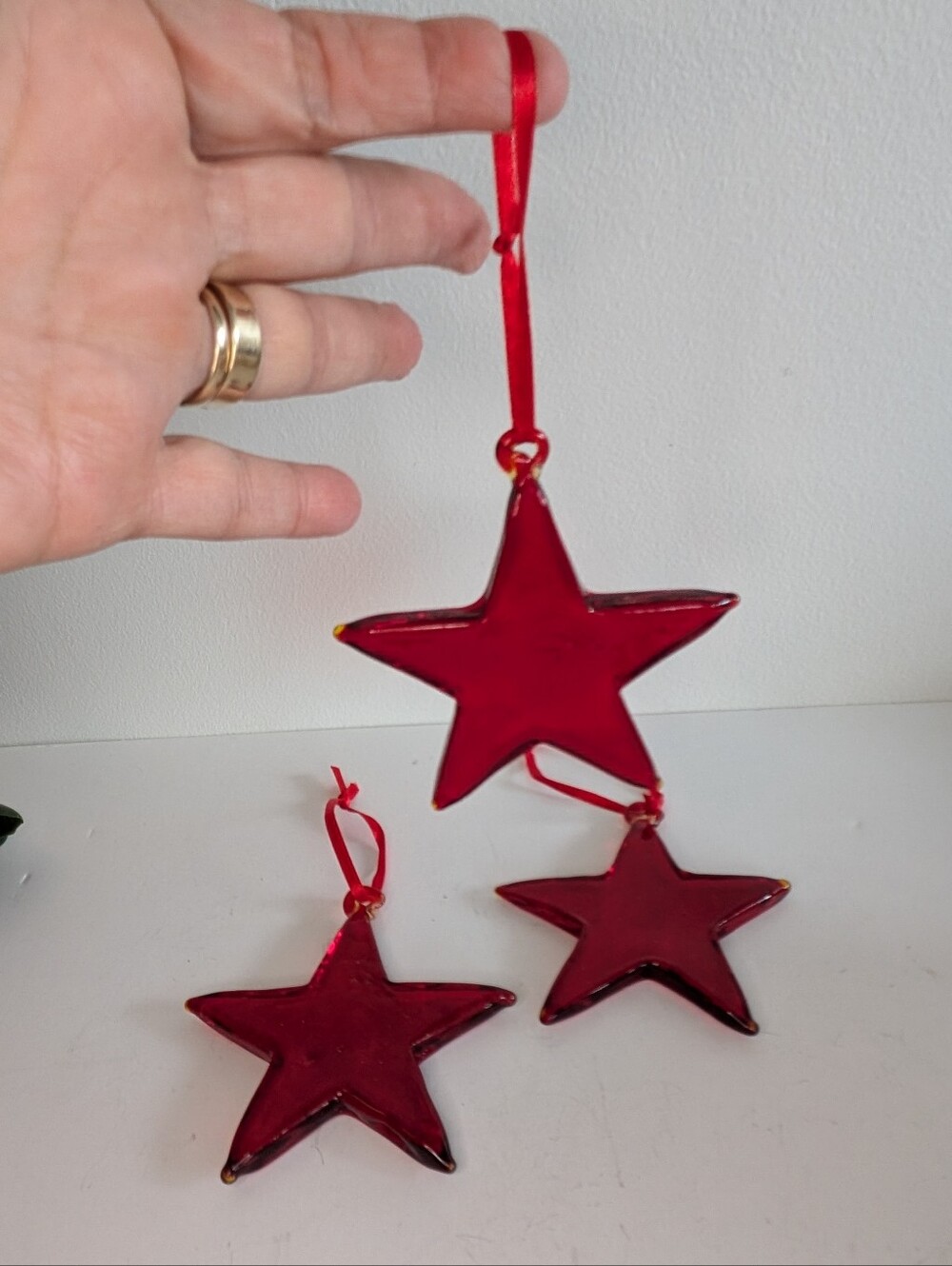 Vintage Red Fused Glass Star Christmas Ornaments - Set of 3 Translucent